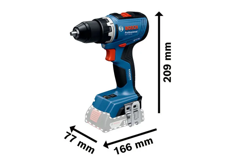 Bosch GSR 18V-65 akku-boremaskine, kompakt 77x166x209 mm.